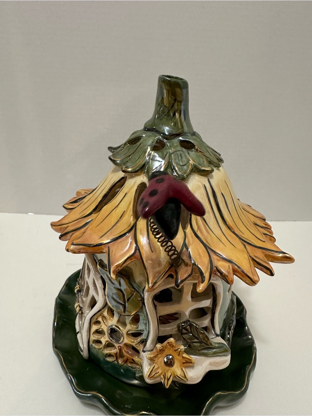 Ceramic Sunflower Fairy House Tea Light with Ladybug Accent